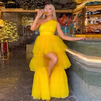 SONDR Luxusný Žltý Tylu Viazané Prom Večerné Šaty bez Rukávov Vysoká Nízka Formálne Noc Party Šaty, Koktejlové Šaty Saudská Arábia